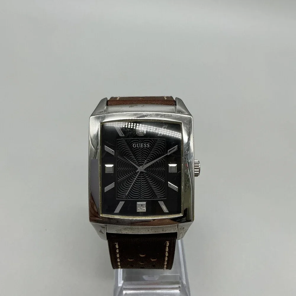 Guess Mens Watch 35mm Black Dial Brown Leather Rectangle Dress New Battery